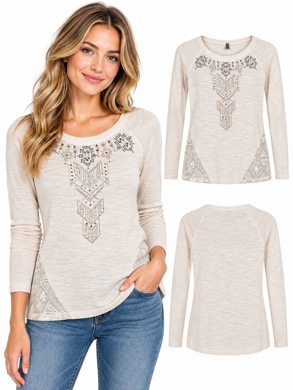 Vanity XS Cream Long Sleeve Embellished Knit Top